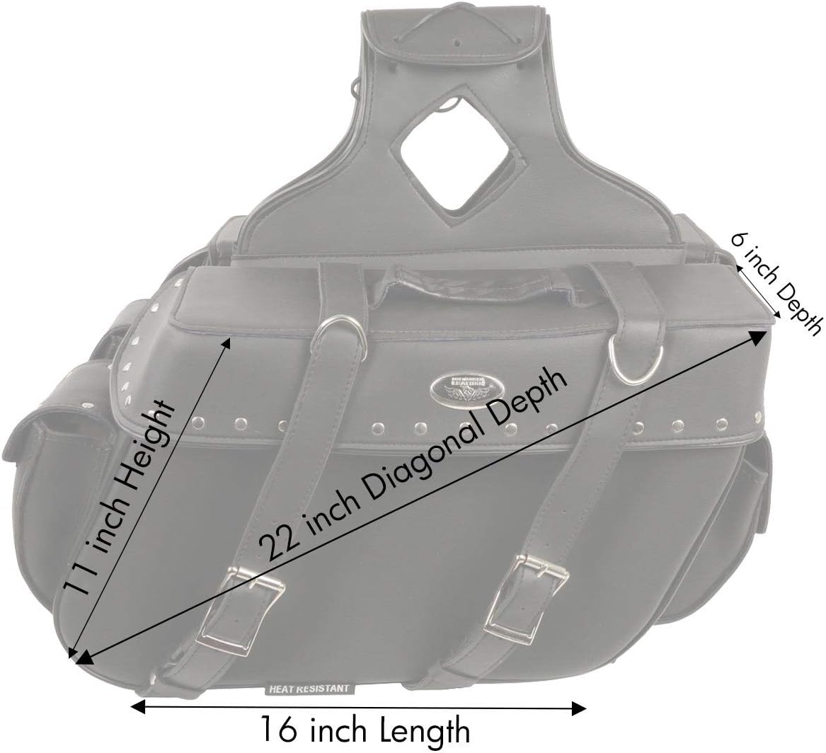 Black Large PVC Motorcycle Saddlebags – Zip-Off Throw-Over Design with Rivets, One Size