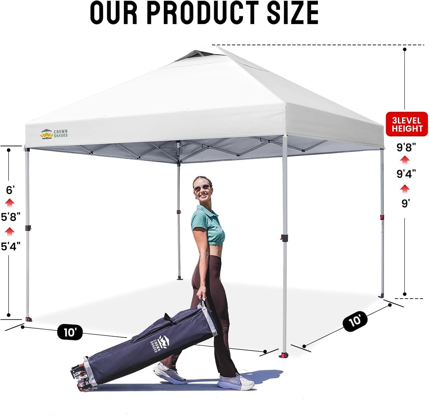 CROWN SHADES 10x10 ft Pop-Up Canopy – One-Push Setup Beach Tent with STO-N-Go Carry Bag, Silver Coated Top, Grid White, Outdoor Shade