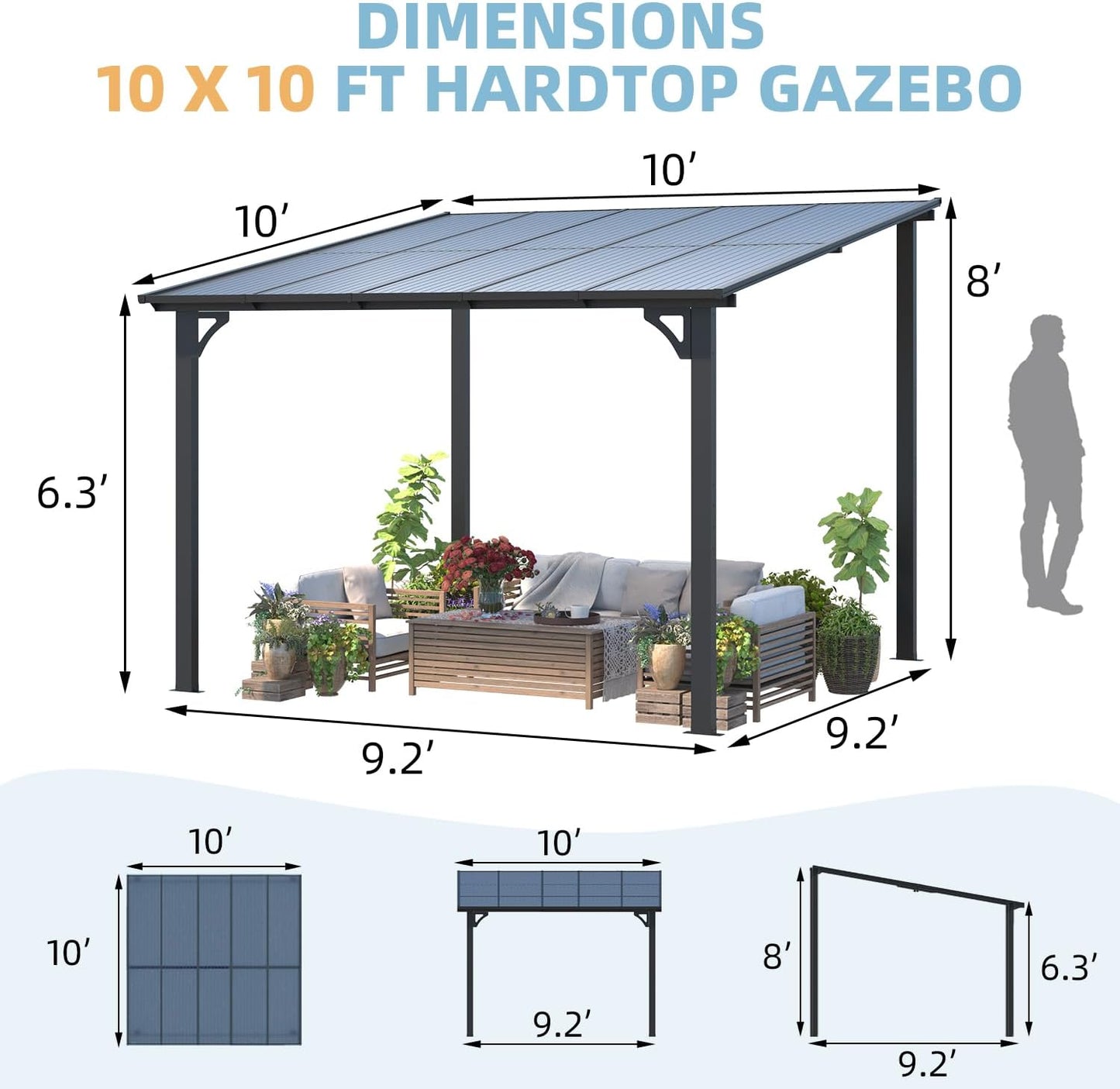 10’ x 10’ Gazebo, Wall Mounted Gazebos Pergola on Clearance, Outdoor Patio Lean to Gazebo Awnings for Deck, Porch, Backyard