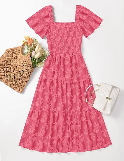 Women‘s Summer Boho Floral Midi Dress 2026 Casual Short Sleeve Square Neck Flowy Beach Vacation Long Dress
