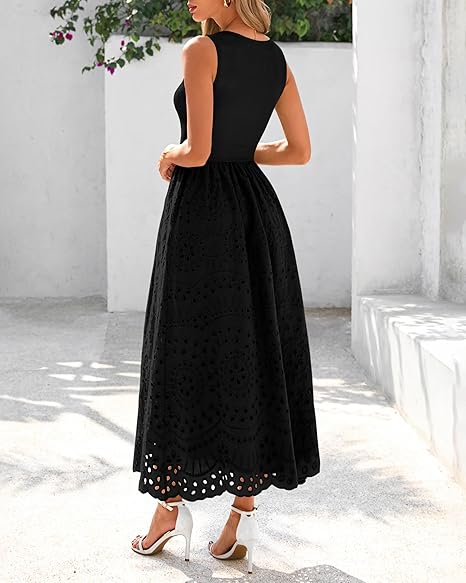 Women Summer Dresses 2026 Casual Sleeveless Crewneck A-Line Boho Lace Eyelet Cotton Tank Maxi Dress with Pockets