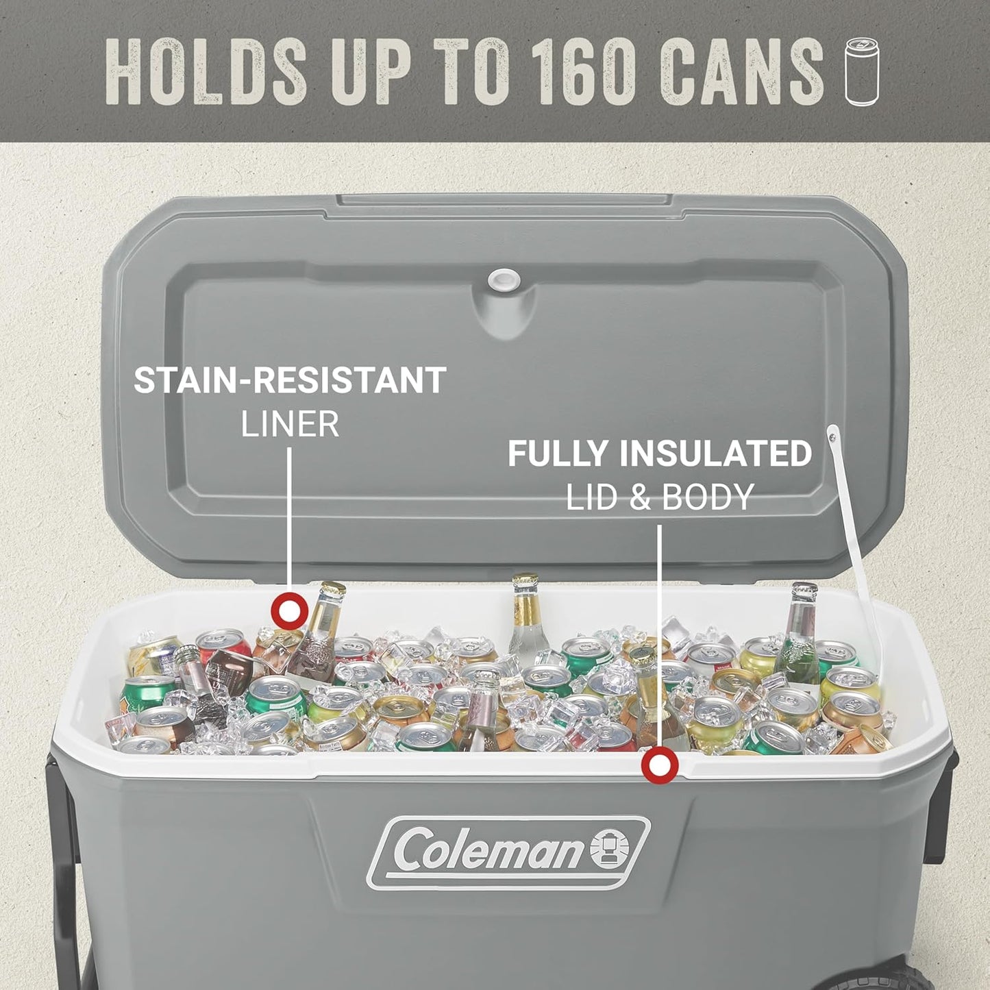 Coleman Classic Series Insulated Portable Rolling Cooler with Wheels, Leak-Resistant Outdoor Hard Cooler Keeps Ice up to 5 Days, 100-Quart
