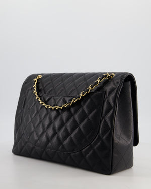 Black Maxi Classic Single Flap Bag in Caviar Leather with Gold Hardware