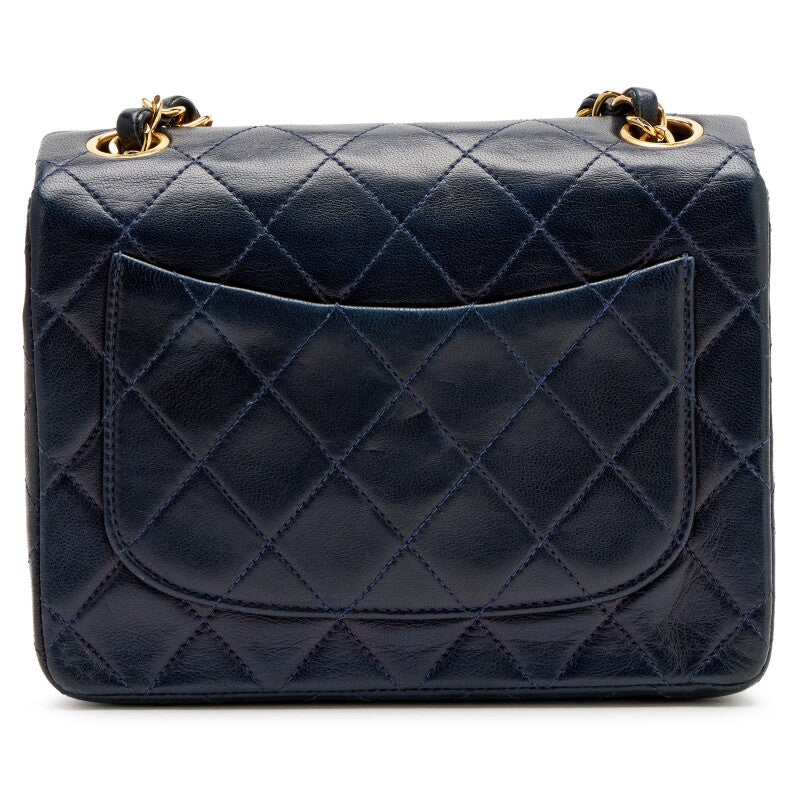 Vintage Navy Blue Quilted Lambskin Mini Square Flap Bag Gold Hardware, 1991-1994