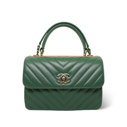 Green Lambskin Chevron Quilted Trendy CC Small Light Gold Hardware