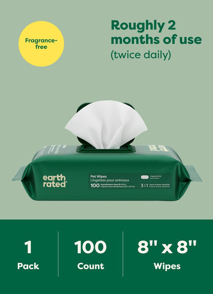 Pet Wipes for Dogs & Cats, Hypoallergenic Grooming Wipes for Paws, Body & Butt, Unscented, 100 Count