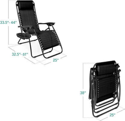 Best Choice Products Set of 2 Adjustable Steel Mesh Zero Gravity Lounge Chair Recliners w/Pillows and Cup Holder Trays - Black