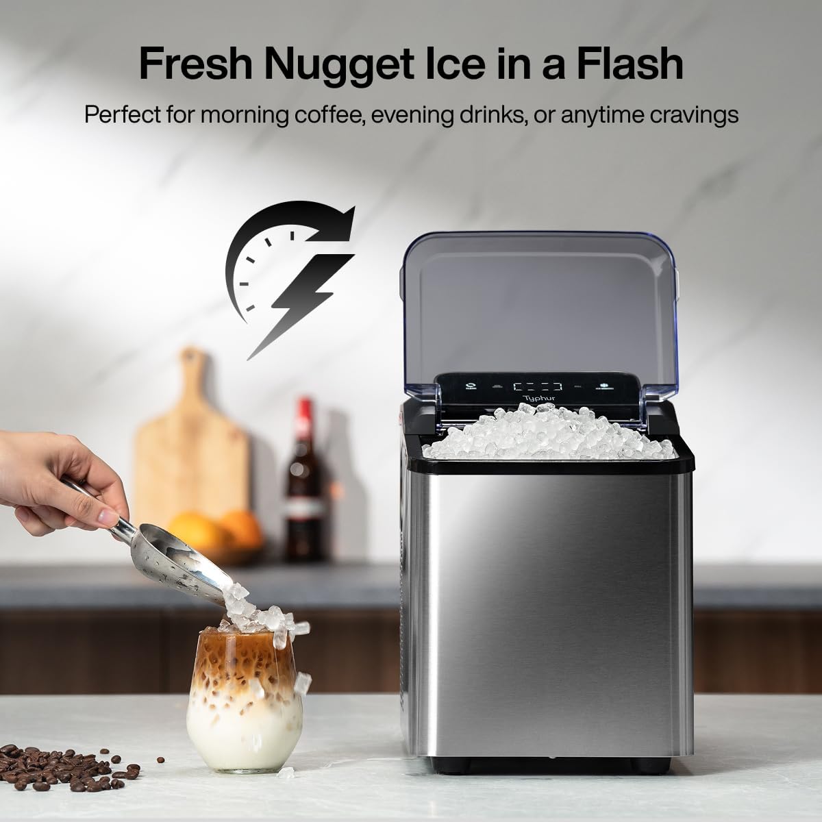Countertop Nugget Ice Maker – 35 lbs/24H Pebble Ice Machine with Self-Cleaning Function, 2 Scoops, Stainless Steel