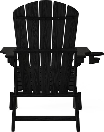 Plawdlik Folding Adirondack Chair Set of 4, Cup Holder，Wooden Textured ，Heavy All-Weather HDPE Comfortable Set Poolside Backyard Lawn Black