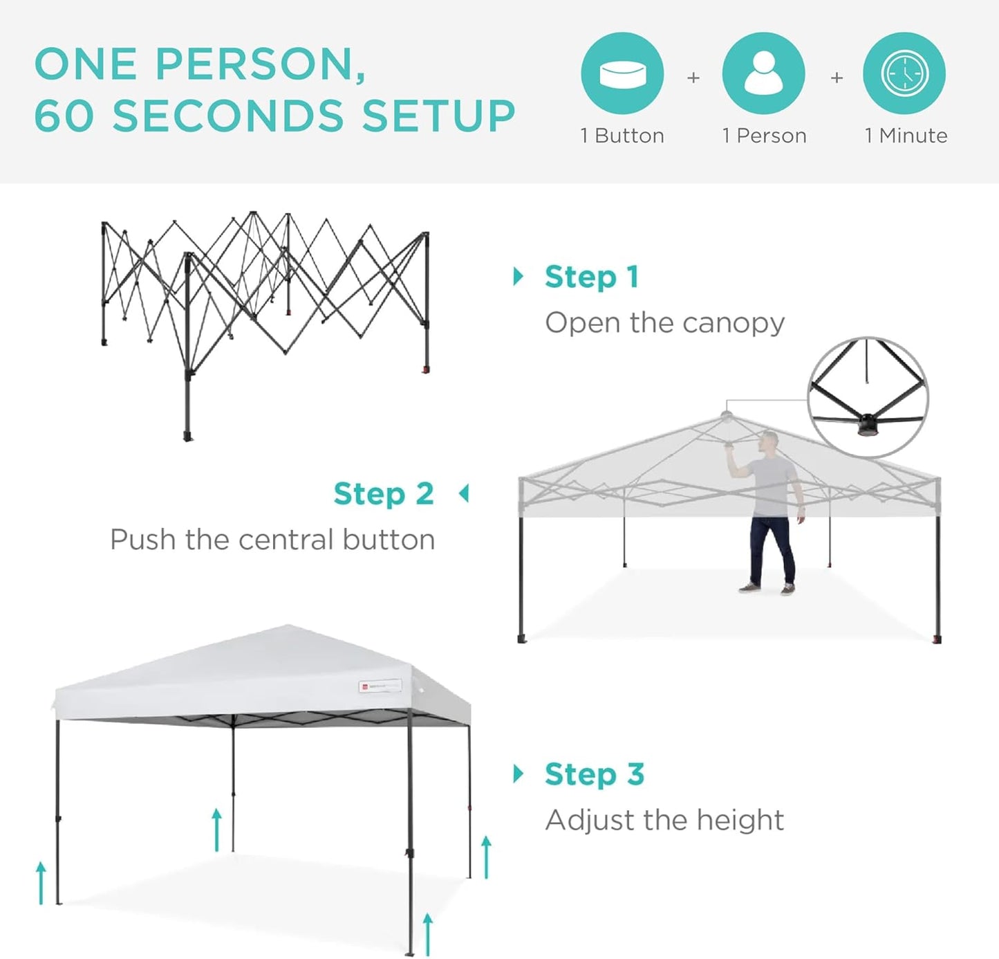 10x10ft 1-Person Setup Pop Up Canopy Tent Instant Portable Shelter w/ 1-Button Push, Case, 4 Weight Bags - White
