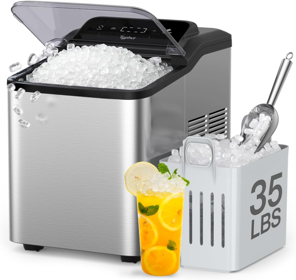 Countertop Nugget Ice Maker – 35 lbs/24H Pebble Ice Machine with Self-Cleaning Function, 2 Scoops, Stainless Steel
