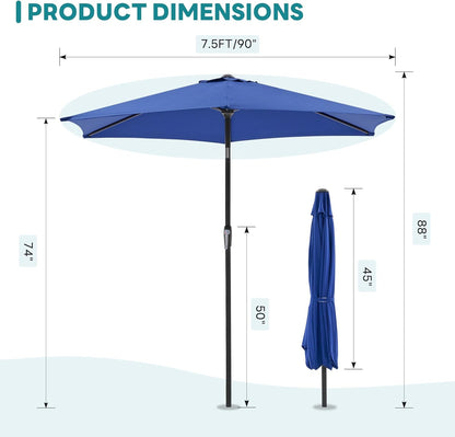 OLIXIS 7.5 ft Patio Umbrella – Tilt & Crank with 8 Sturdy Ribs, Waterproof Outdoor Umbrella for Pool, Terrace, Beach & Restaurant, Blue