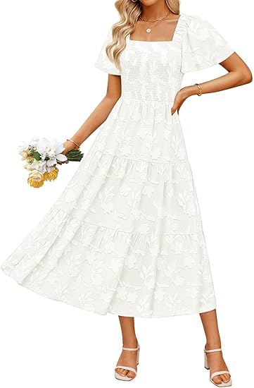 Women‘s Summer Boho Floral Midi Dress 2026 Casual Short Sleeve Square Neck Flowy Beach Vacation Long Dress