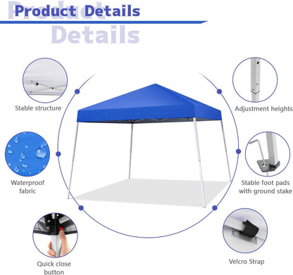 10X10 FT Pop Up Canopy Outdoor Instant Tent Slant Legs with Carrying Bag, Portable Gazebo Shelter for Patio Deck Garden and Beach - 8X8 FT Canopy Cover, Blue