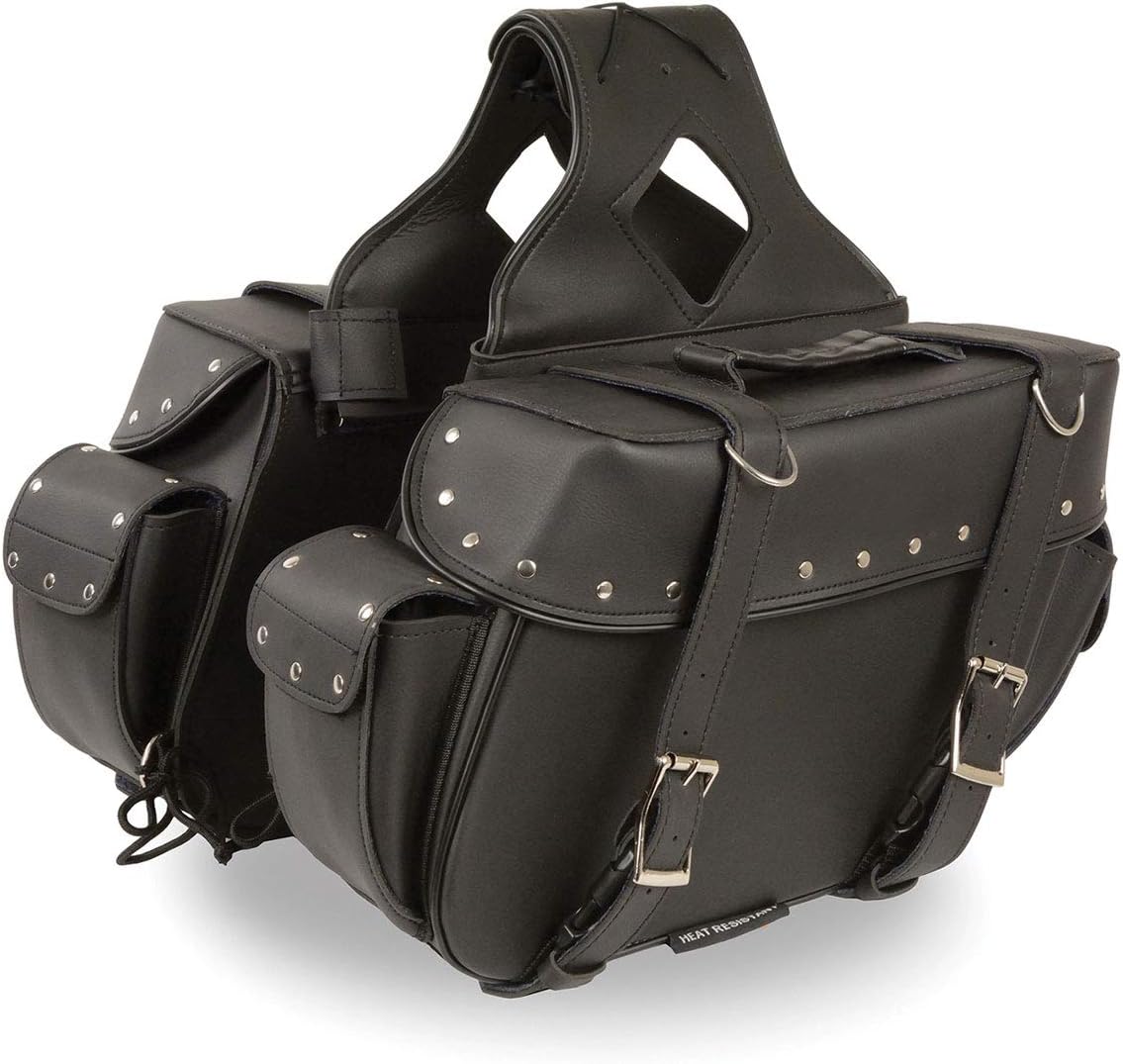 Black Large PVC Motorcycle Saddlebags – Zip-Off Throw-Over Design with Rivets, One Size