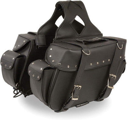 Black Large PVC Motorcycle Saddlebags – Zip-Off Throw-Over Design with Rivets, One Size