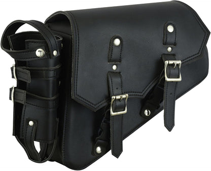Black Leather Motorcycle Swingarm Bag with Bottle Holder & Utility Holster – Universal Fit