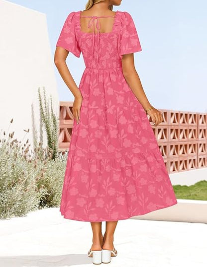 Women‘s Summer Boho Floral Midi Dress 2026 Casual Short Sleeve Square Neck Flowy Beach Vacation Long Dress