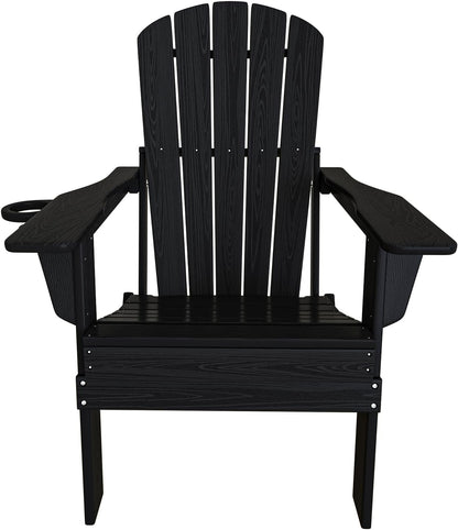 Plawdlik Folding Adirondack Chair Set of 4, Cup Holder，Wooden Textured ，Heavy All-Weather HDPE Comfortable Set Poolside Backyard Lawn Black