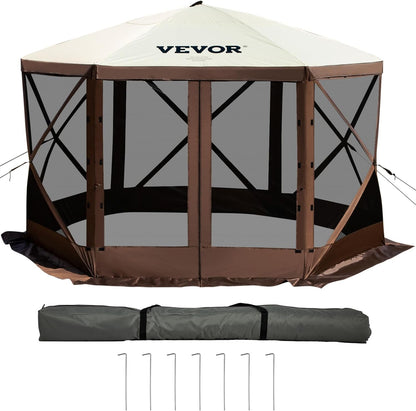 12 * 12ft 6 Sided Pop-up Canopy Shelter Tent with Mesh Windows, Portable Carry Bag, Stakes, Large Shade Tents for Outdoor Camping, Lawn and Backyard, Brown/Beige