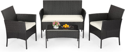 FDW 4-Piece Outdoor Patio Furniture Set – Black Wicker Rattan Chairs with Coffee Table, Weather-Resistant Seating for Porch, Garden, Lawn