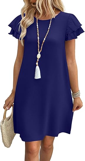 Womens Summer Dresses 2026 Ruffle Sleeve Round Neck Loose Swing Sundresses
