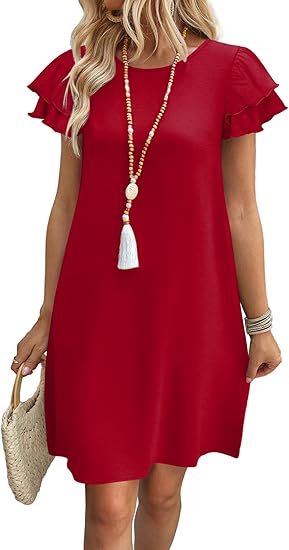 Womens Summer Dresses 2026 Ruffle Sleeve Round Neck Loose Swing Sundresses