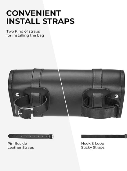 Universal PU Leather Motorcycle Fork Tool Bag – Roll Bag for Front Fork, Handlebar & Sissy Bar Storage, Fits Dyna, Softail, Sportster, Scooter