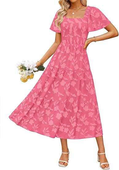 Women‘s Summer Boho Floral Midi Dress 2026 Casual Short Sleeve Square Neck Flowy Beach Vacation Long Dress