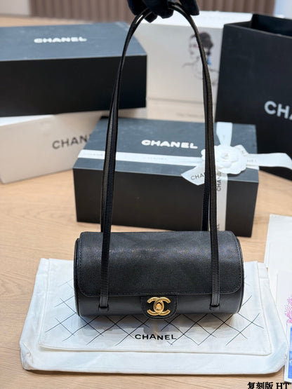 Chanel 26P Black Gold Cylindrical Bag