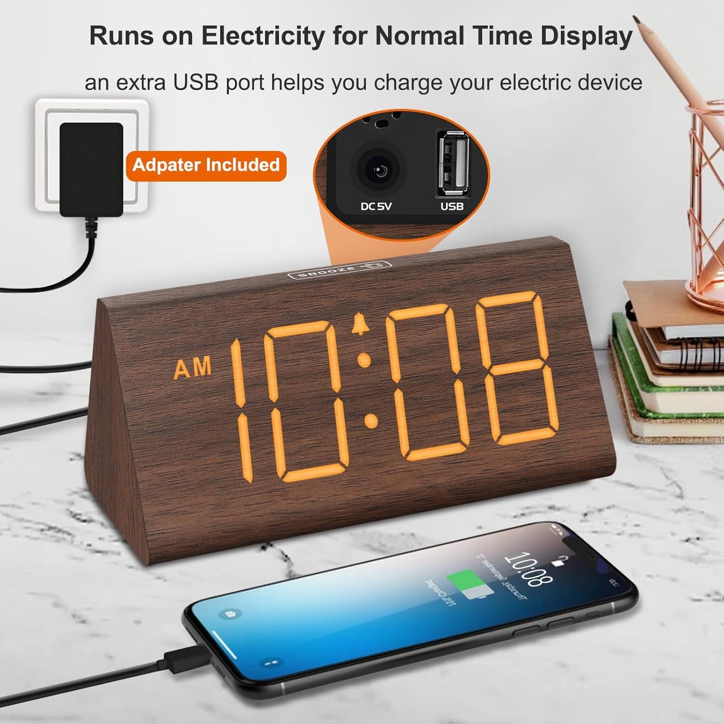 Wooden Digital Alarm Clock for Bedroom – LED Desk Clock with Large Display, USB Port, Adjustable Volume, Dimmer & Snooze, Adapter Powered