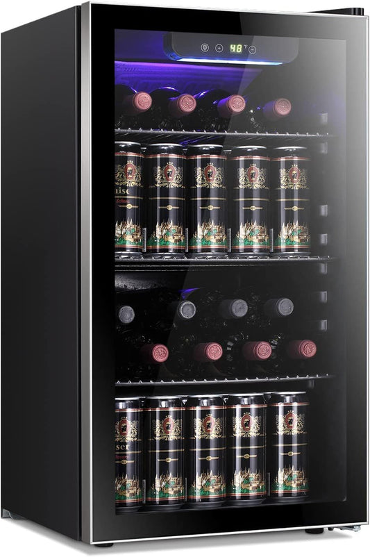 26 Bottle 130 Can Wine Cooler/Cabinet Beverage Refrigerator Mini Wine Cellar Beer Soda Clear Glass Door Bar Fridge Quiet Compressor Adjust