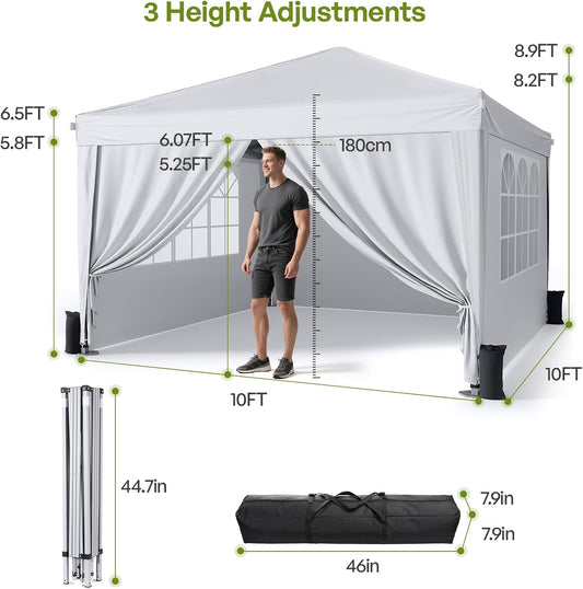 10x10 Pop Up Canopy with Sidewalls, Outdoor Instant Canopy Tent with Carry Bag for Commercial Events, Camping, Backyard Parties - White