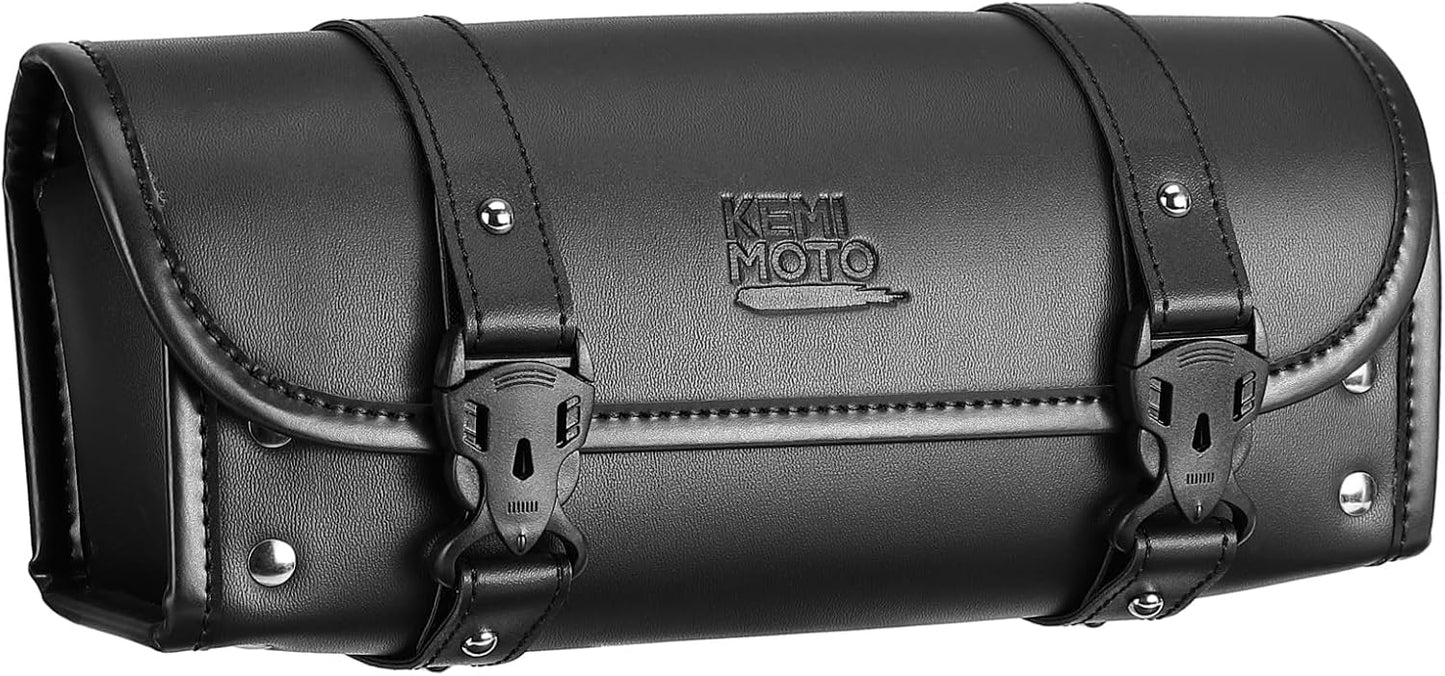 Universal PU Leather Motorcycle Fork Tool Bag – Roll Bag for Front Fork, Handlebar & Sissy Bar Storage, Fits Dyna, Softail, Sportster, Scooter