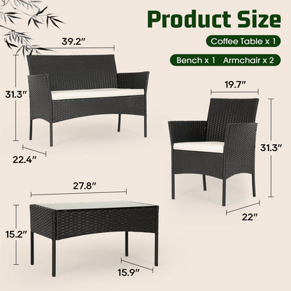 FDW 4-Piece Outdoor Patio Furniture Set – Black Wicker Rattan Chairs with Coffee Table, Weather-Resistant Seating for Porch, Garden, Lawn