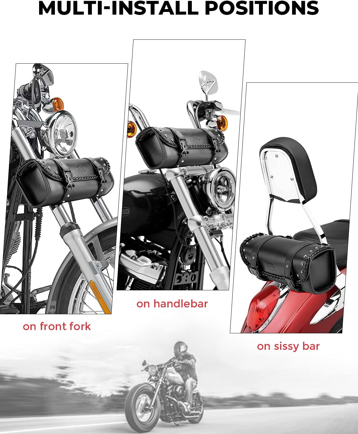Universal PU Leather Motorcycle Fork Tool Bag – Roll Bag for Front Fork, Handlebar & Sissy Bar Storage