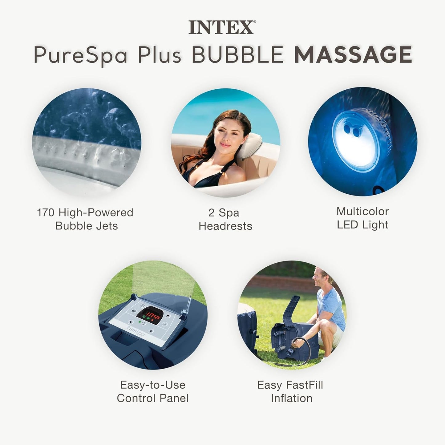 INTEX PureSpa Plus Bubble Massage 6-Person Inflatable Spa – 85"x28", Energy-Efficient Cover, 2 Headrests, LED Light