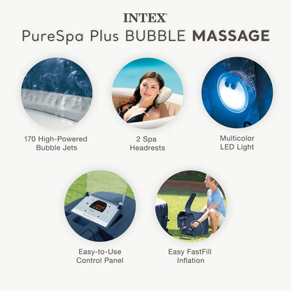 INTEX PureSpa Plus Bubble Massage 6-Person Inflatable Spa – 85"x28", Energy-Efficient Cover, 2 Headrests, LED Light