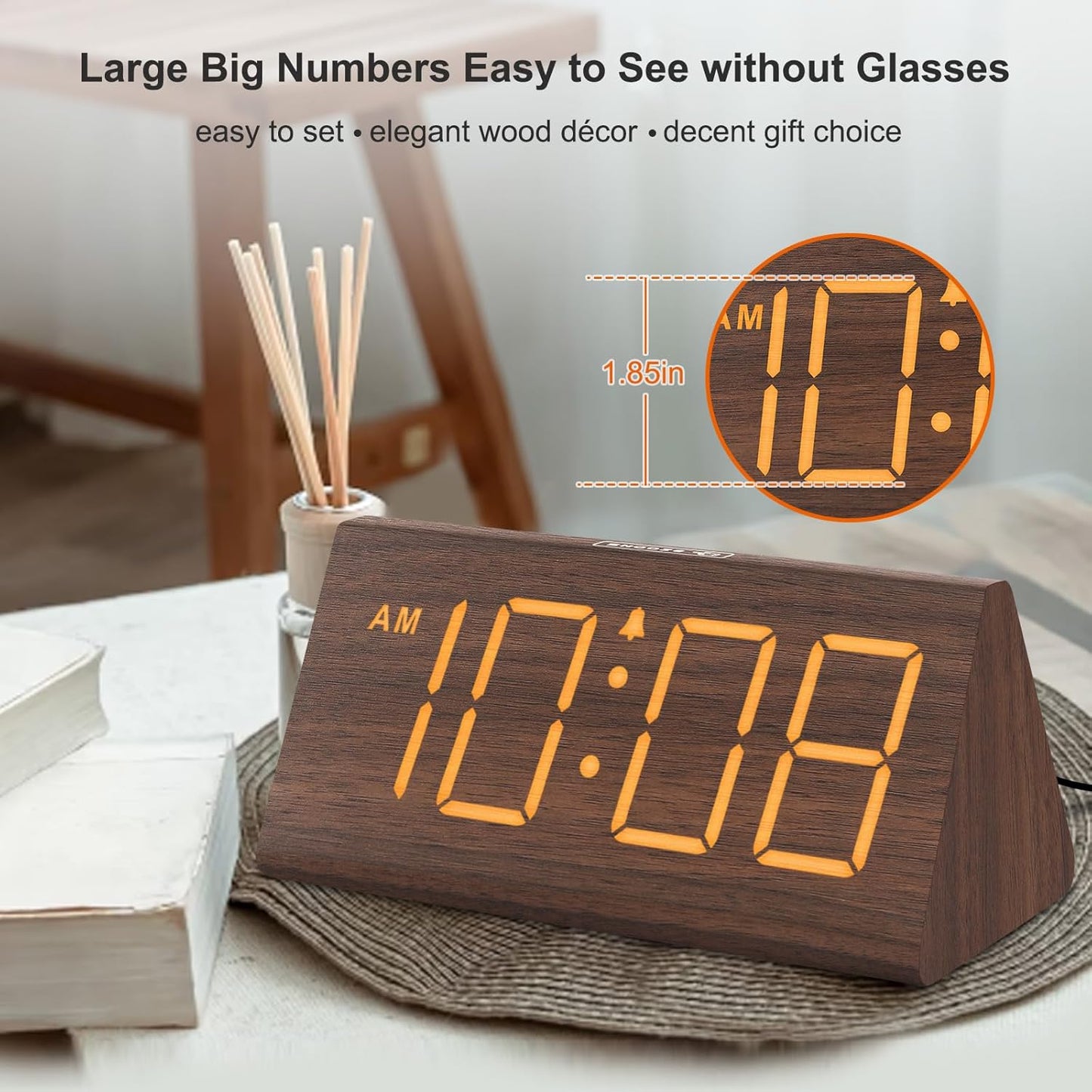 Wooden Digital Alarm Clock for Bedroom – LED Desk Clock with Large Display, USB Port, Adjustable Volume, Dimmer & Snooze, Adapter Powered