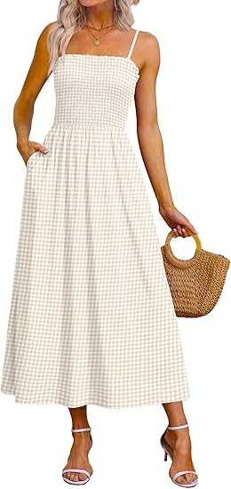 Womens Spaghetti Strap Maxi Dresses Smocked with Pockets 2026 Summer Spring Casual Boho Beach Long Sundresses