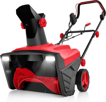 COSTWAY 20-Inch Electric Snow Blower – Corded Walk-Behind Snow Thrower with Dual LED Lights, 180° Rotating Chute, 30cm Depth, Red
