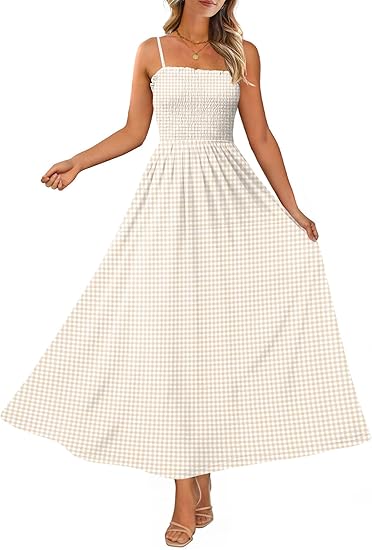 Womens Spaghetti Strap Maxi Dresses Smocked with Pockets 2026 Summer Spring Casual Boho Beach Long Sundresses
