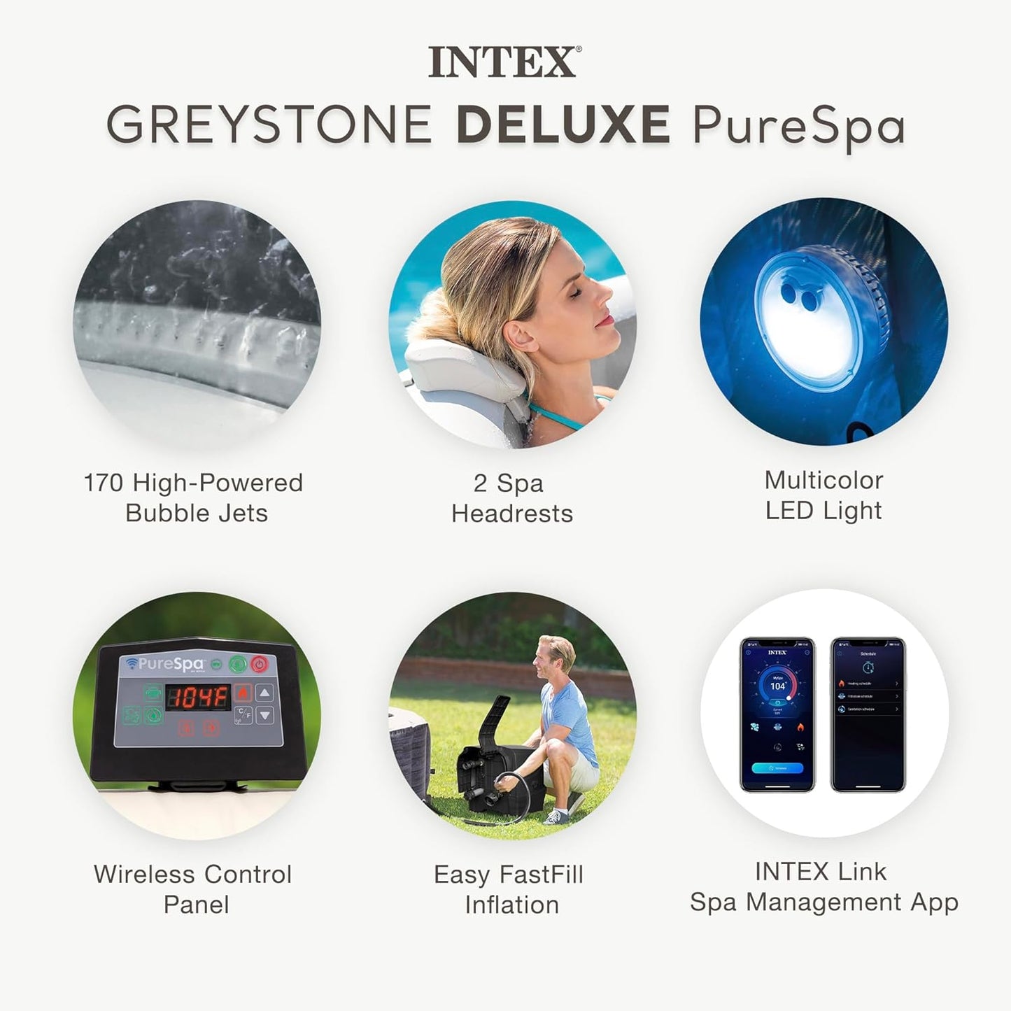 INTEX PureSpa Greystone 6-Person Inflatable Spa – 77"x28", Energy-Efficient Cover, Wireless Control Panel, Spa Control App, Fast-Fill System