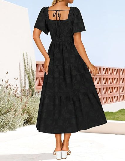 Women‘s Summer Boho Floral Midi Dress 2026 Casual Short Sleeve Square Neck Flowy Beach Vacation Long Dress