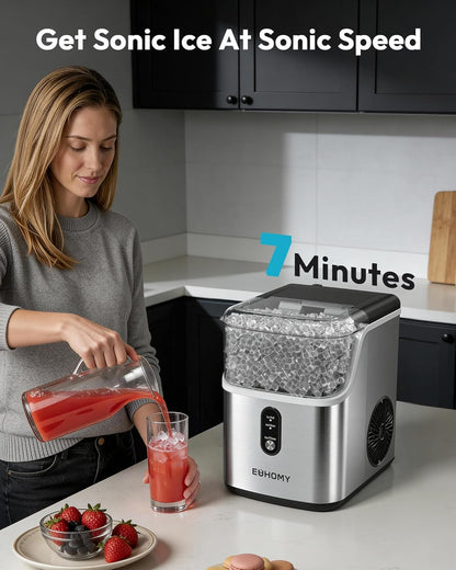 Countertop Nugget Ice Maker – 34 lbs/24H Pebble Ice Machine with Self-Cleaning Function, Scoop & Basket, Stainless Steel