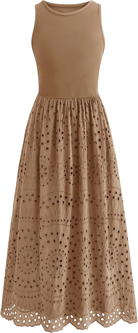 Women Summer Dresses 2026 Casual Sleeveless Crewneck A-Line Boho Lace Eyelet Cotton Tank Maxi Dress with Pockets