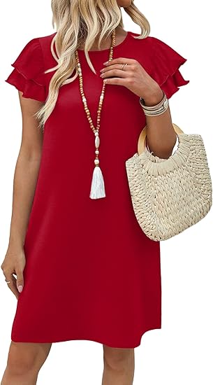 Womens Summer Dresses 2026 Ruffle Sleeve Round Neck Loose Swing Sundresses