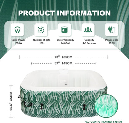 Portable Hot Tub 4 to 6 Person with LED Light, Inflatable Outdoor Spa, 130 Air Jets Built in Heater Pump, Blow Up Hottub for Relaxation, Green