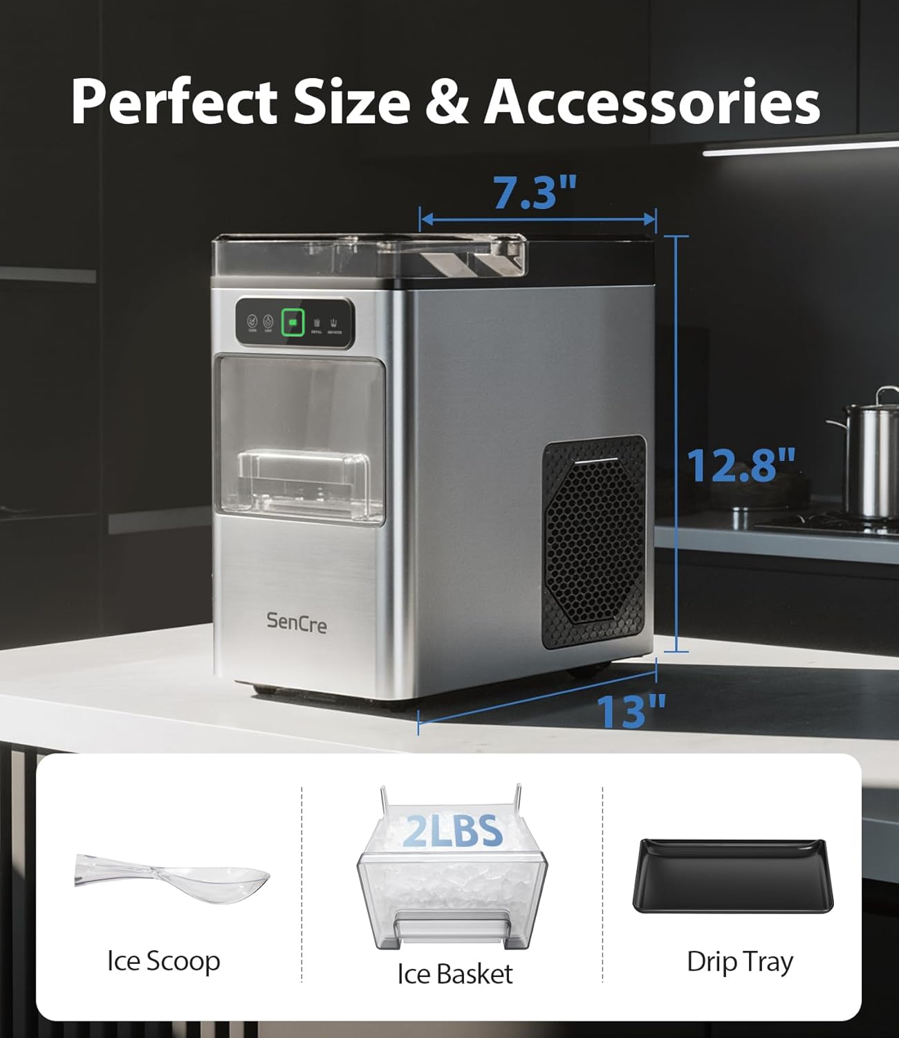 Countertop Nugget Ice Maker – 40 lbs/Day Pebble Ice Machine with One-Click Operation & Self-Cleaning, Scoop & Basket, Stainless Silver