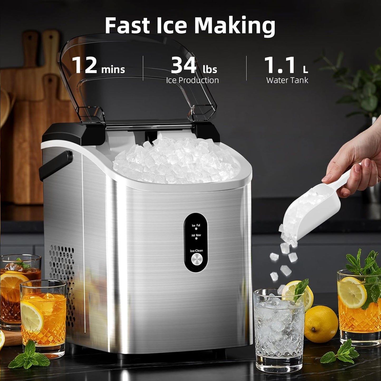 Countertop Nugget Ice Maker – Portable Pebble Ice Machine with Basket, Scoop & Auto-Cleaning, Stainless Steel Silver